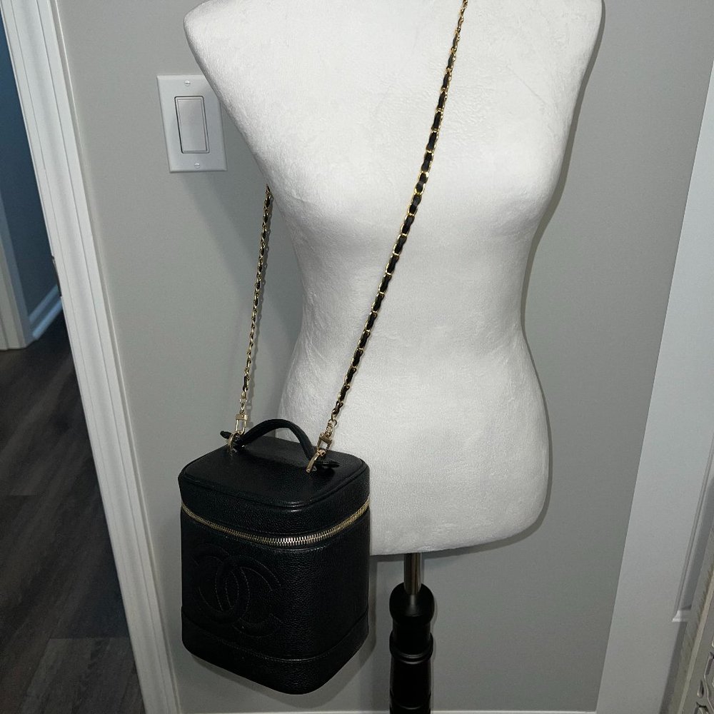 Chanel Vintage Timeless Caviar Black Vanity Bag with Authentication Card